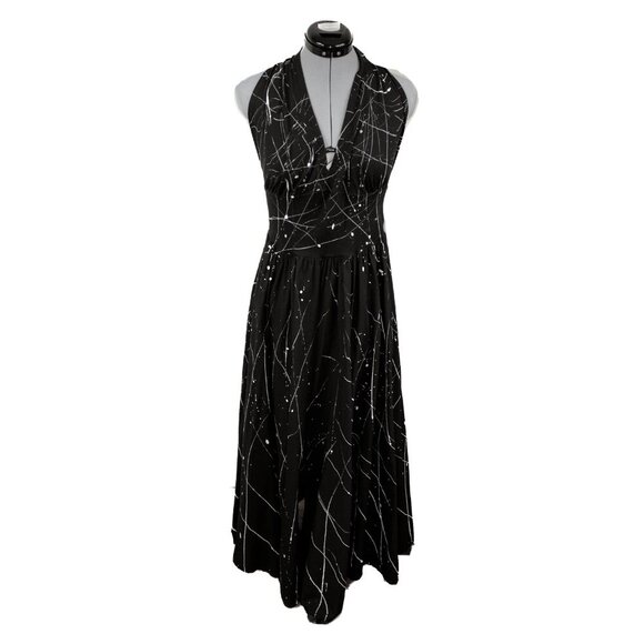 LUNA LUZ Small Black Dress Maxi Halter Paint Splatter Flowy Cotton Whimsigoth - Picture 1 of 4